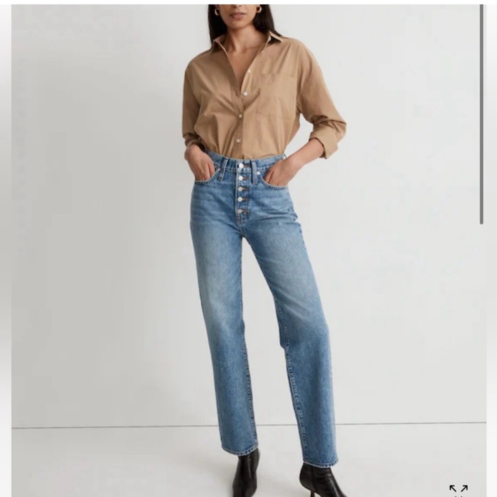 Madewell High-Rise Button-Fly Straight Jeans in Medium Blue- tall cropped, 32 T